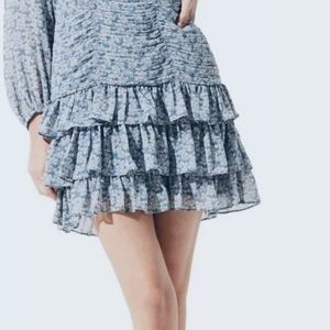 ASTR Blue Chiffon Multi Ruffle Floral Mini Dress;Long Sleeve Tiered;SZ:S;